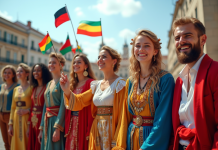 Groupe de personnes en vêtements traditionnels avec drapeaux lors d'une journée ensoleillée