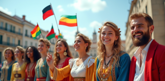 Groupe de personnes en vêtements traditionnels avec drapeaux lors d'une journée ensoleillée