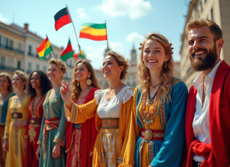 Groupe de personnes en vêtements traditionnels avec drapeaux lors d'une journée ensoleillée