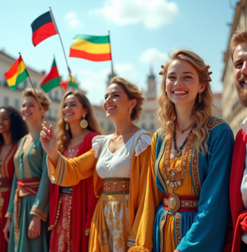 Groupe de personnes en vêtements traditionnels avec drapeaux lors d'une journée ensoleillée