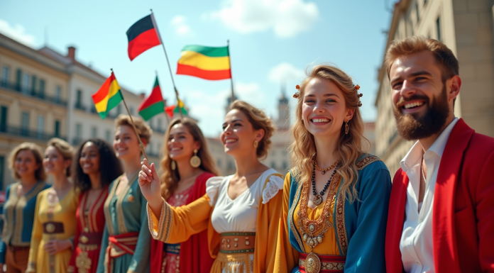 Groupe de personnes en vêtements traditionnels avec drapeaux lors d'une journée ensoleillée