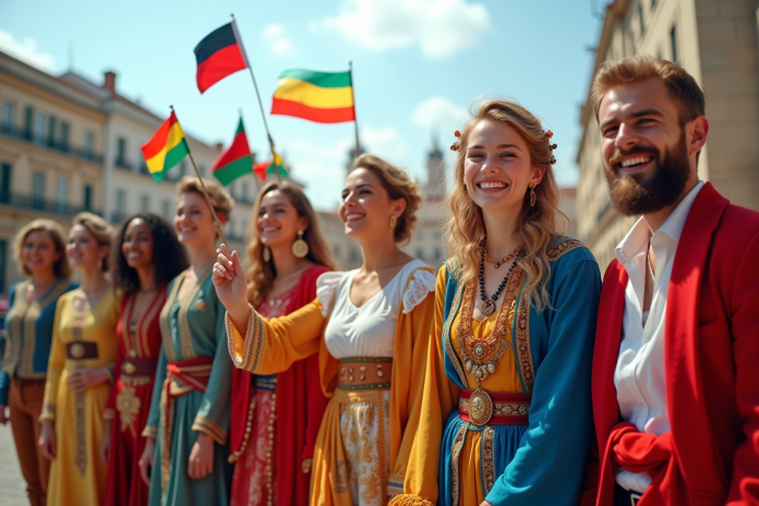 Groupe de personnes en vêtements traditionnels avec drapeaux lors d'une journée ensoleillée