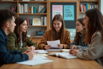 Jeunes adultes en classe de langue avec professeur souriant