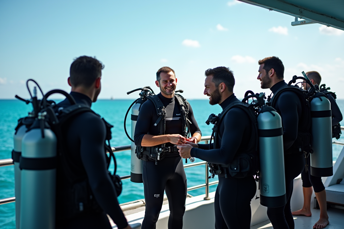 Groupe de plongeurs préparant leur équipement sur le bateau