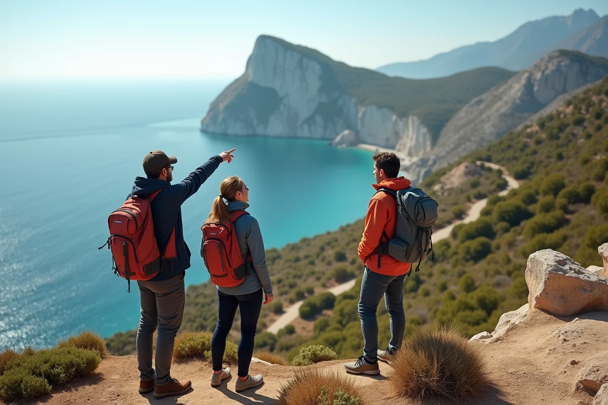 Groupe de randonneurs observant le panorama côtier depuis un belvédère sur le sentier de Capu di Muru en Corse
