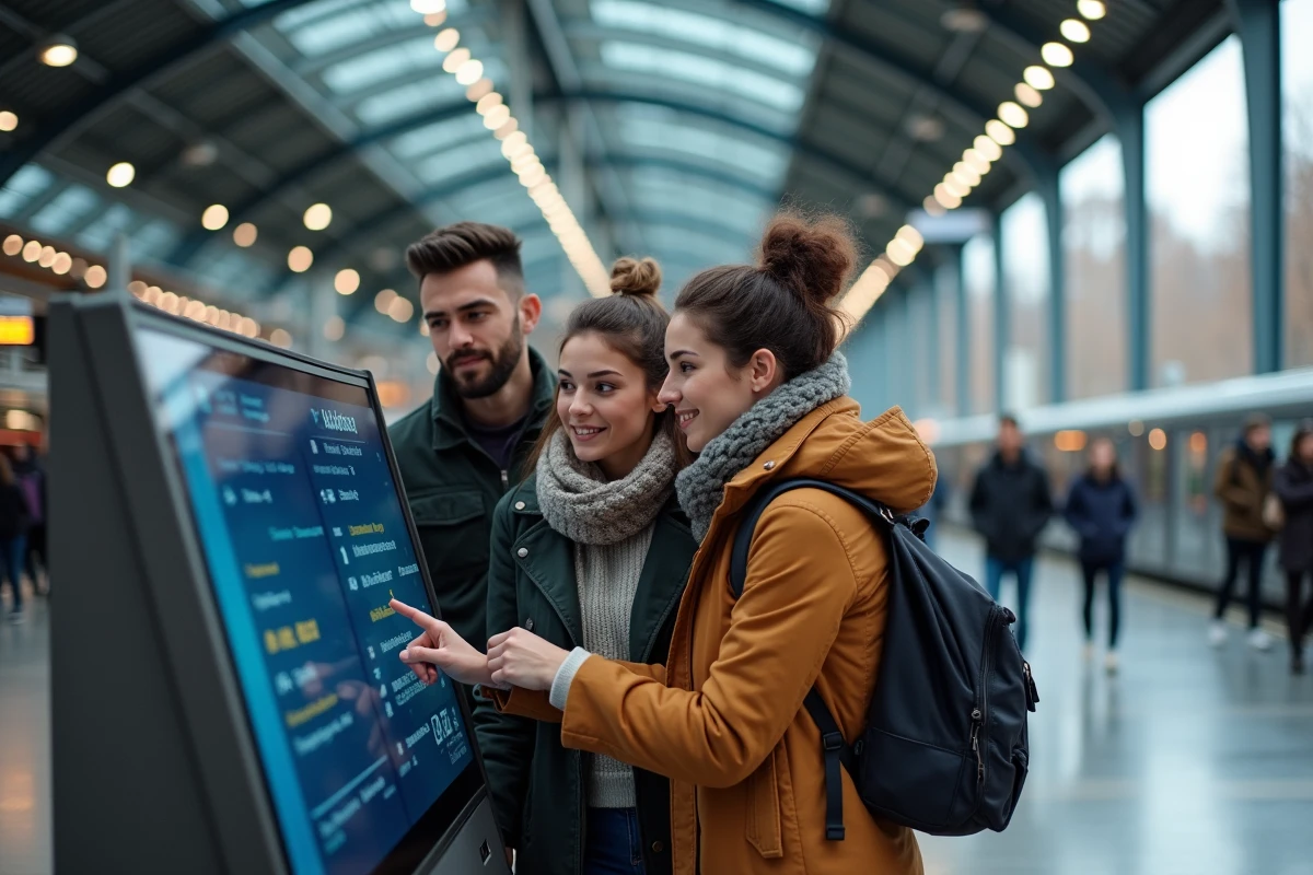Groupe de voyageurs consultant un kiosque numérique d'itinéraires dans une grande gare française moderne