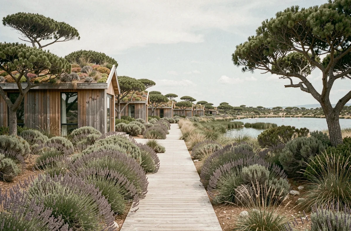 Bungalows en bois à toits végétalisés du Hameau des Pesquiers Ecolodge intégrés dans la garrigue côtière près d'un lagon avec flamants roses