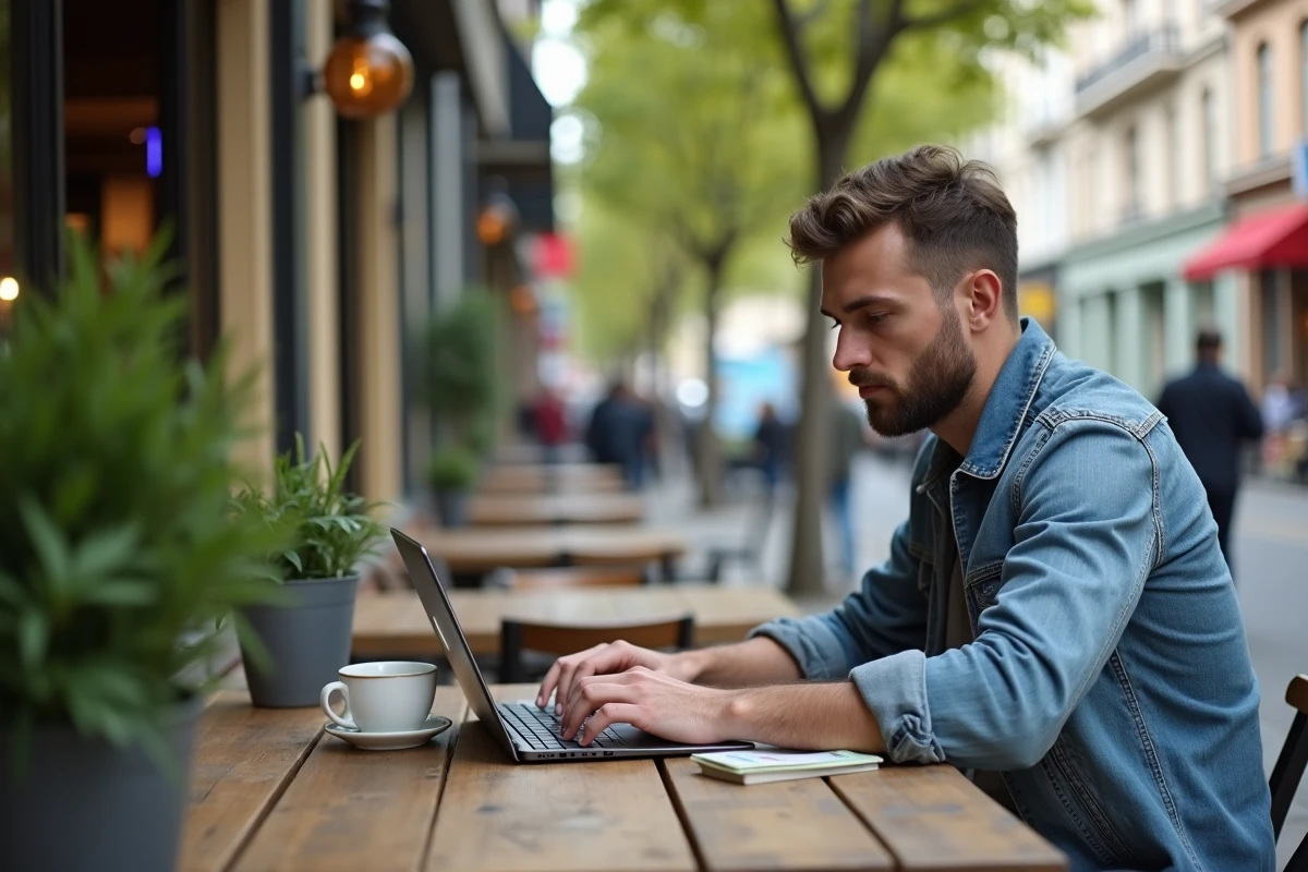 Jeune homme organisant son voyage au café en extérieur