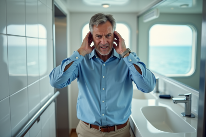 Homme d'âge moyen dans une salle de bain de croisière exprimant l'exaspération