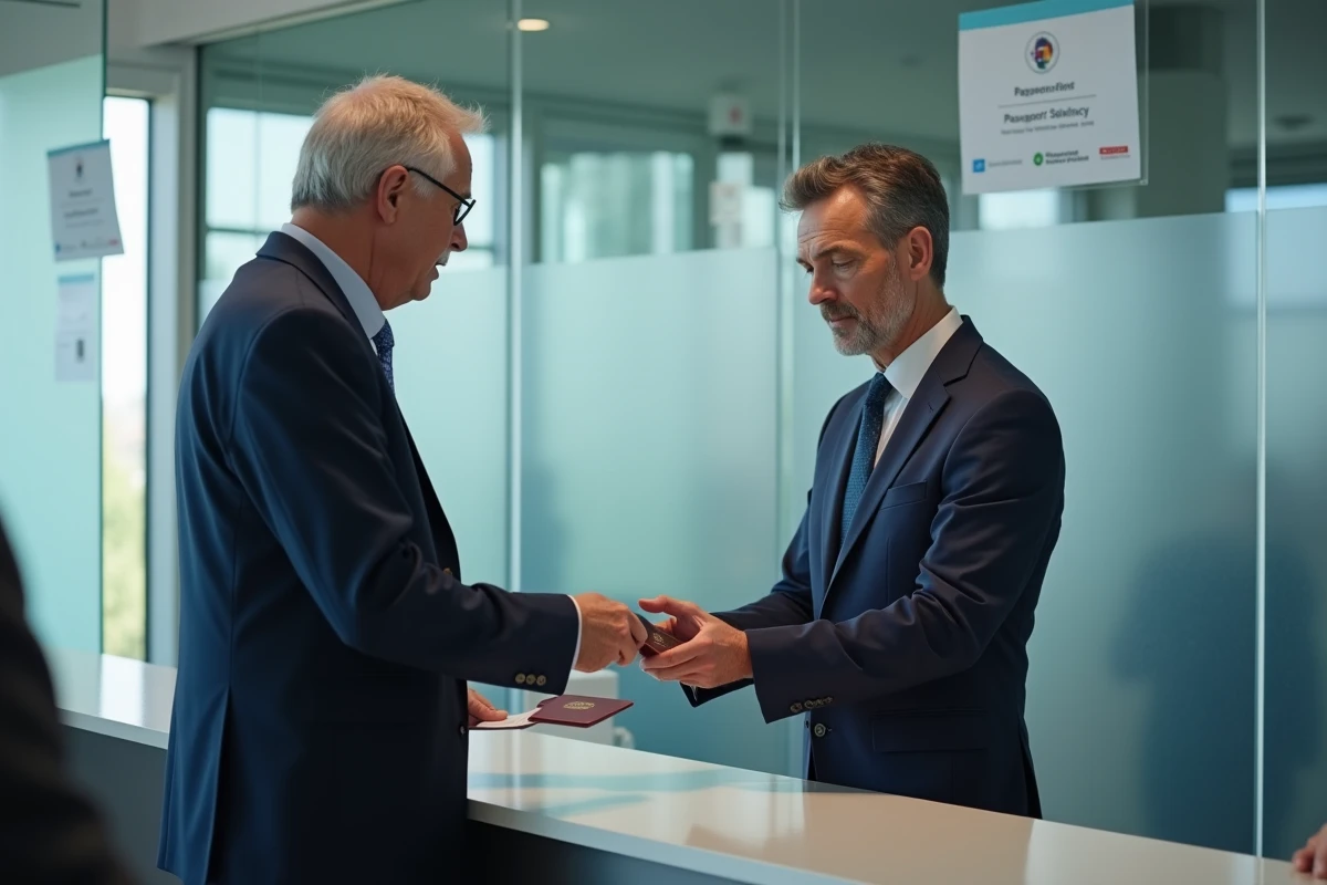 Homme remettant son ancien passeport au guichet