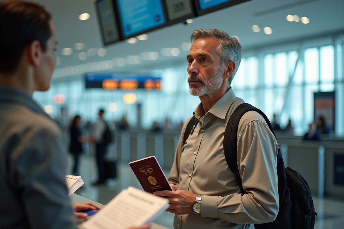 Homme discutant avec le personnel à l