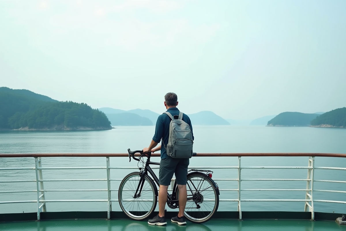 Homme avec vélo sur un ferry traversant la mer intérieure du Japon