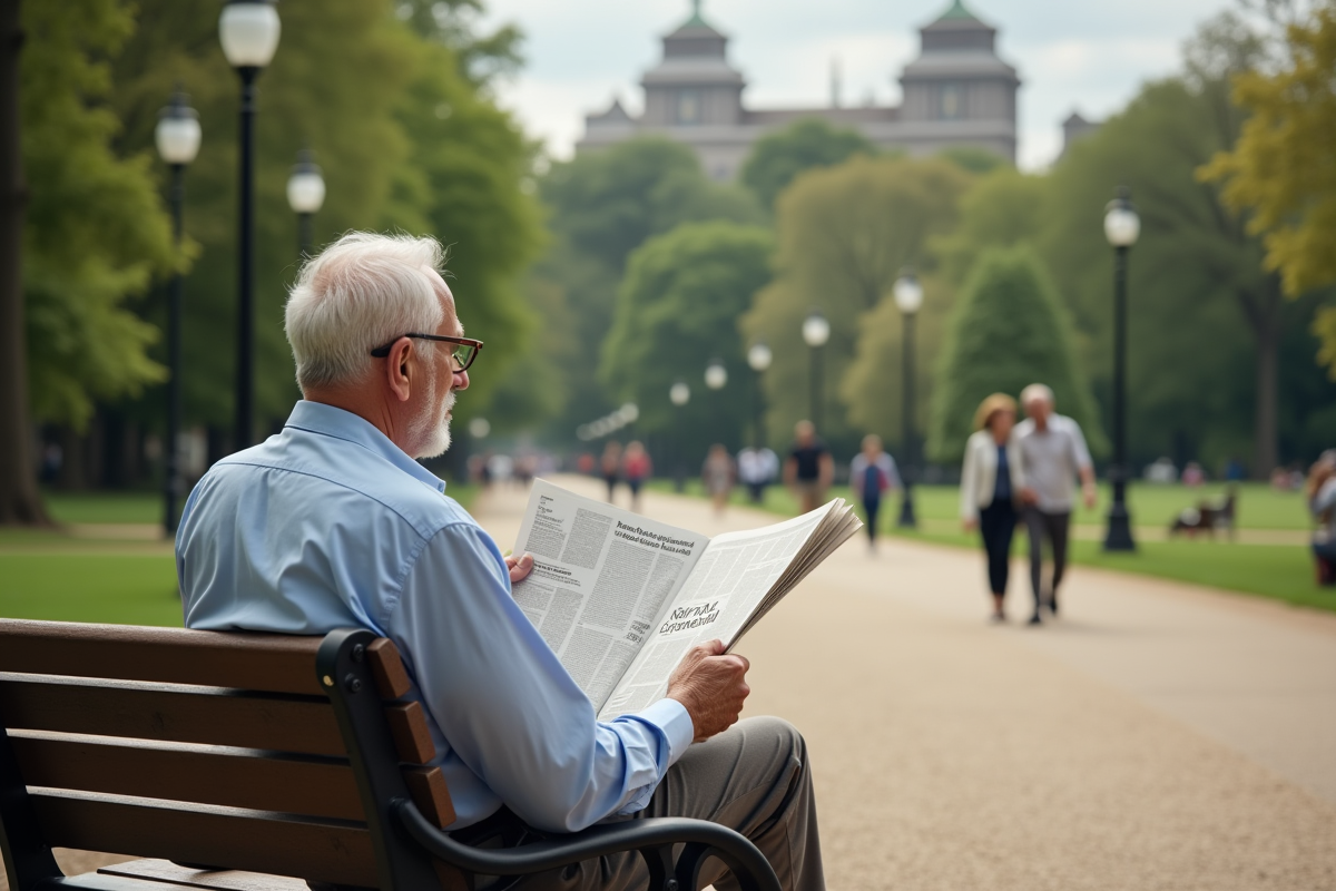 Homme âgé lisant un journal dans un parc