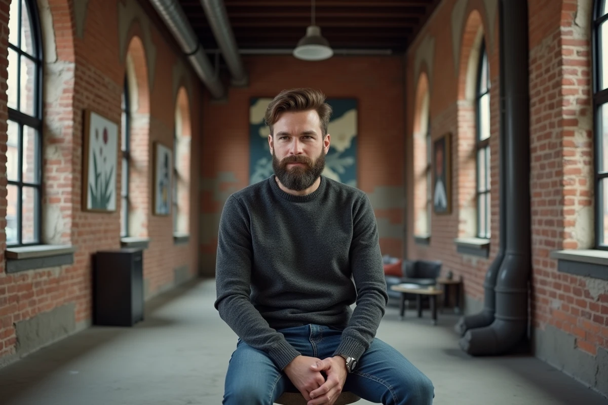 Homme barbu dans un loft industriel à Soho New York