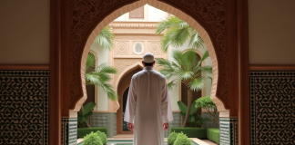 Signification du nom riad : origine et symbolique de ce mot marocain Homme marocain en djellaba dans un riad traditionnel