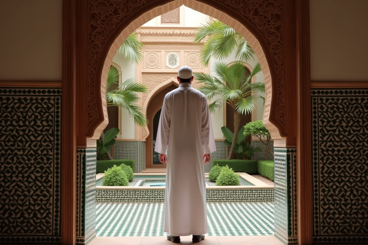 Homme marocain en djellaba dans un riad traditionnel