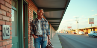Homme d'âge moyen devant un motel classique en extérieur