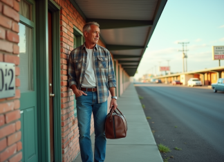 Homme d'âge moyen devant un motel classique en extérieur