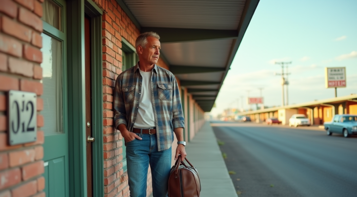 Homme d'âge moyen devant un motel classique en extérieur