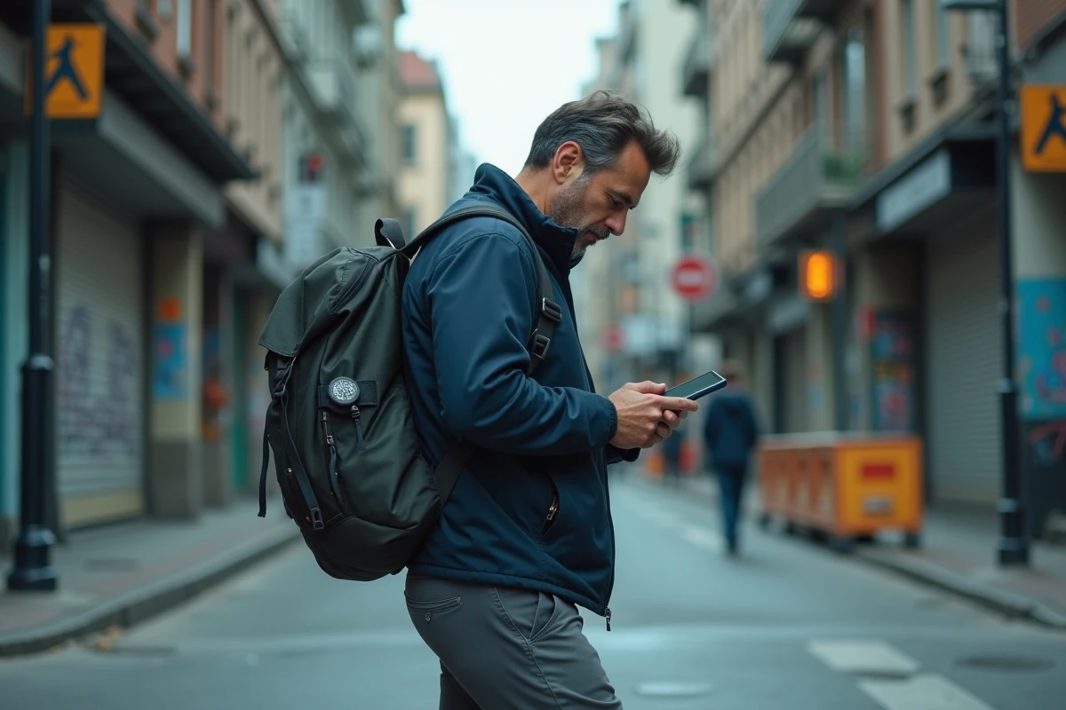 Homme naviguant dans une intersection urbaine complexe avec application de navigation piétonne