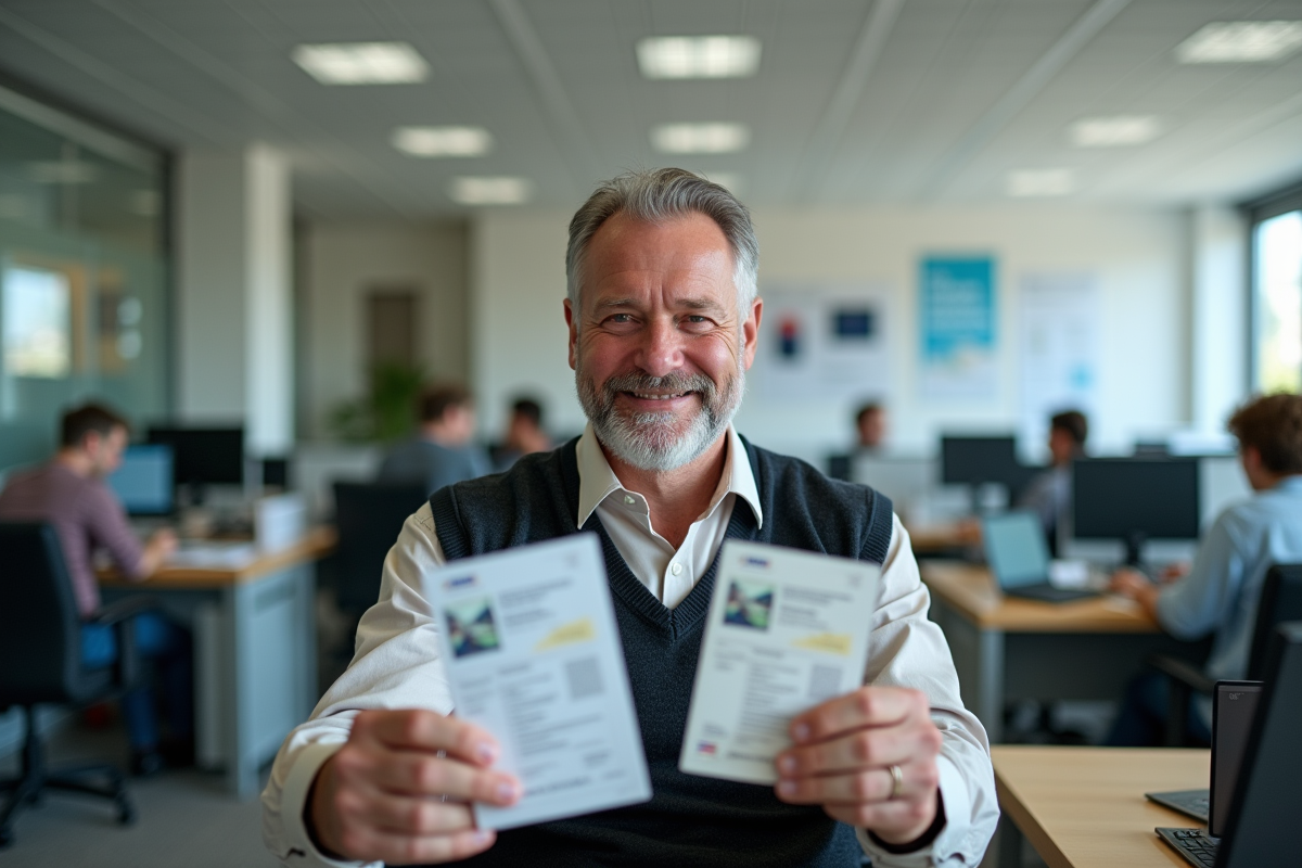 Homme souriant avec permis de conduire et passeport