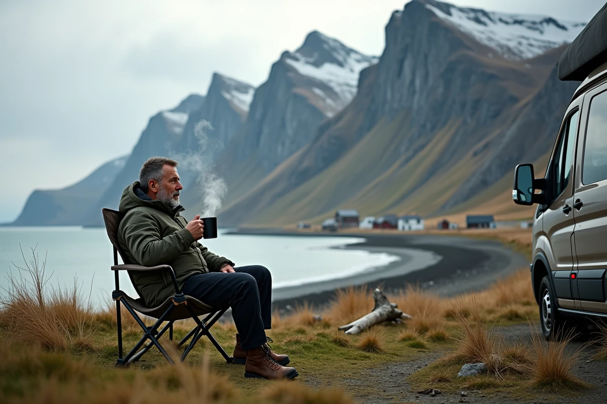 Homme contemplant la côte et les falaises en Lofoten