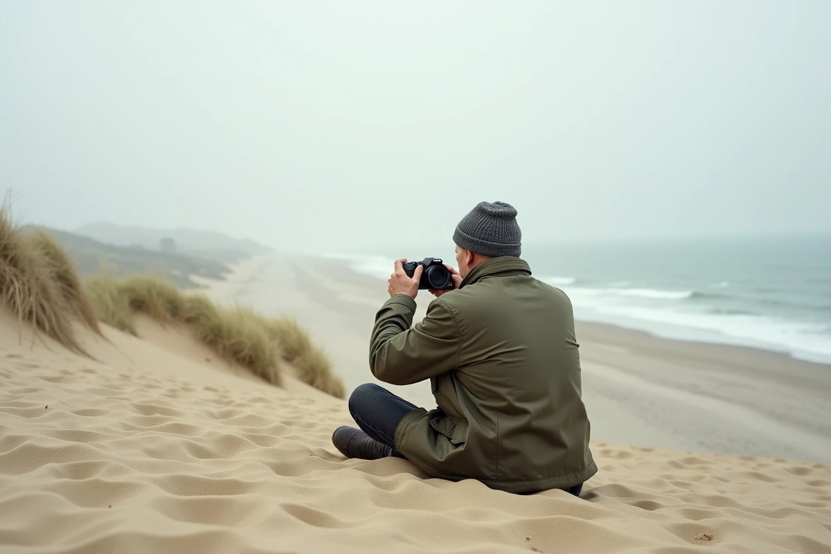 Homme photographiant la baie d'Arcachon depuis le sommet de la Dune du Pilat par une matinée brumeuse en hors saison