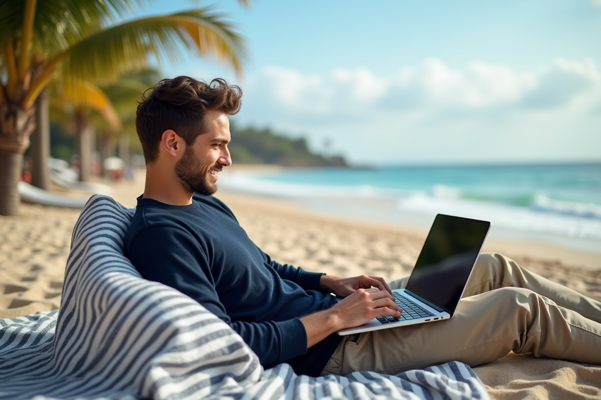 Jeune homme à la plage avec ordinateur portable et mer en arrière-plan