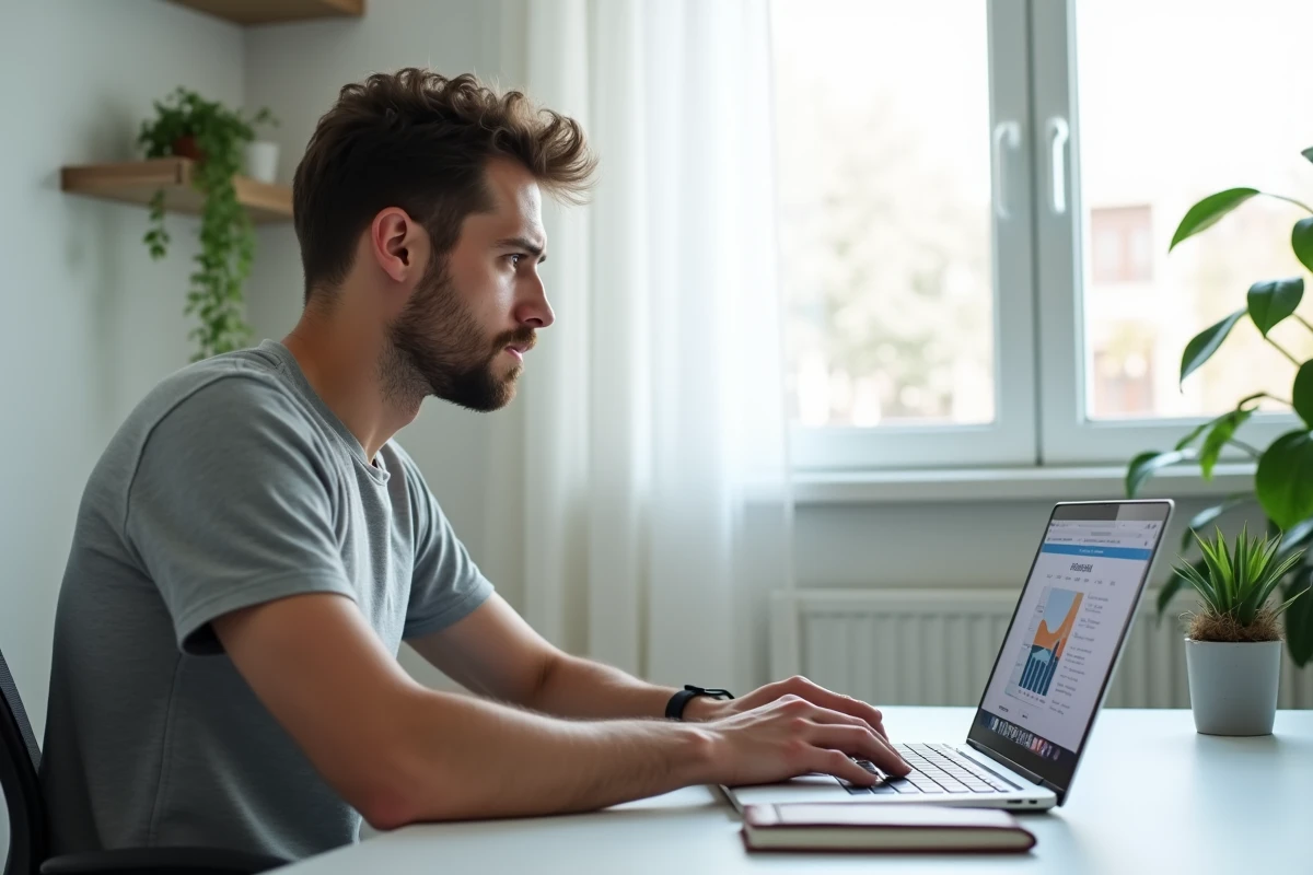 Jeune homme planifiant ses vacances et demandant un devis en ligne depuis un bureau minimaliste à domicile