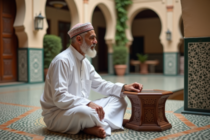 Homme marocain âgé en jellaba dans un riad traditionnel