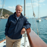 Homme souriant en veste nautique sur un voilier calme