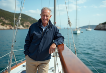Homme souriant en veste nautique sur un voilier calme