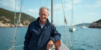 Homme souriant en veste nautique sur un voilier calme