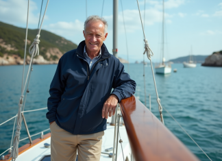 Homme souriant en veste nautique sur un voilier calme
