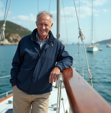 Homme souriant en veste nautique sur un voilier calme