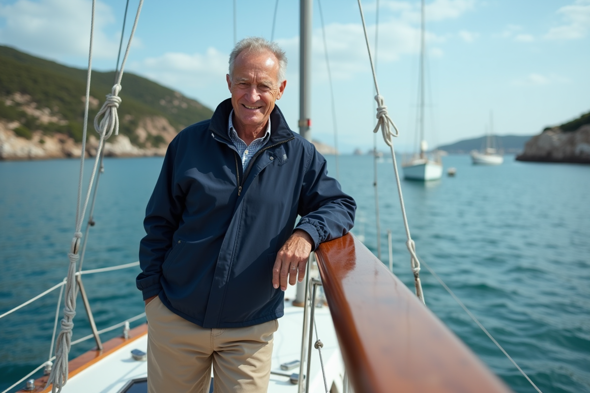 Homme souriant en veste nautique sur un voilier calme