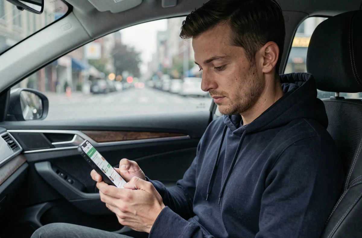 Homme consultant le support client BlaBlaCar sur son smartphone dans une voiture en stationnement