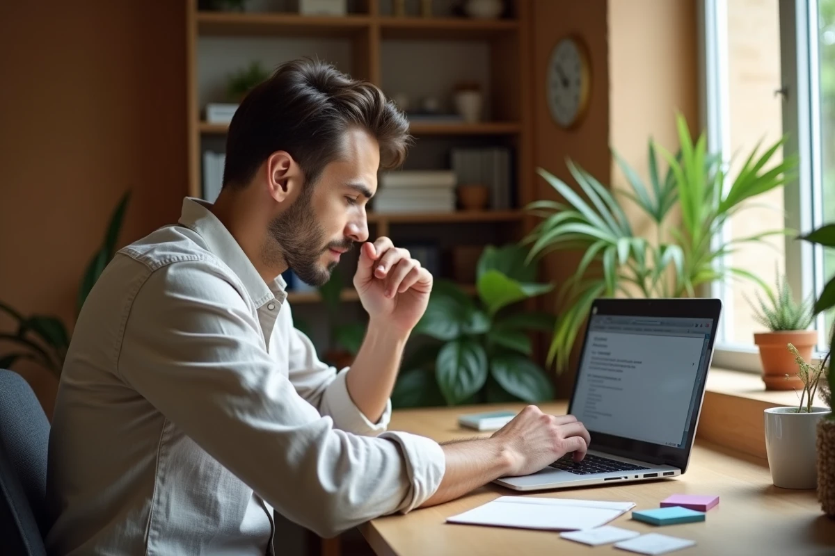 Homme en télétravail rédigeant un message d'absence professionnelle avant de partir en vacances
