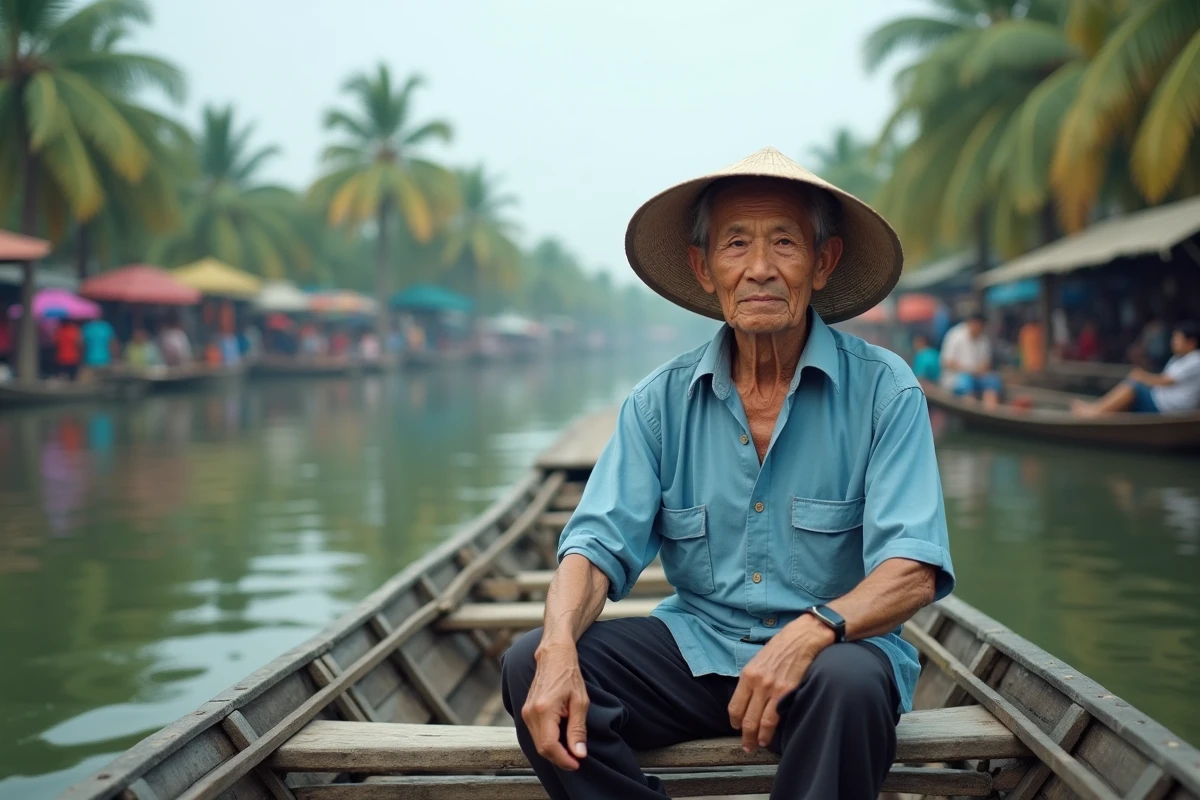 Homme vietnamien en bateau sur une rivière calme