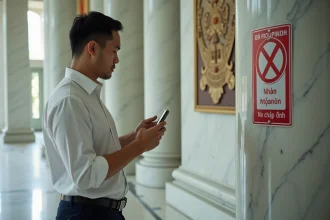 Homme vietnamien prenant une photo d'un panneau interdit