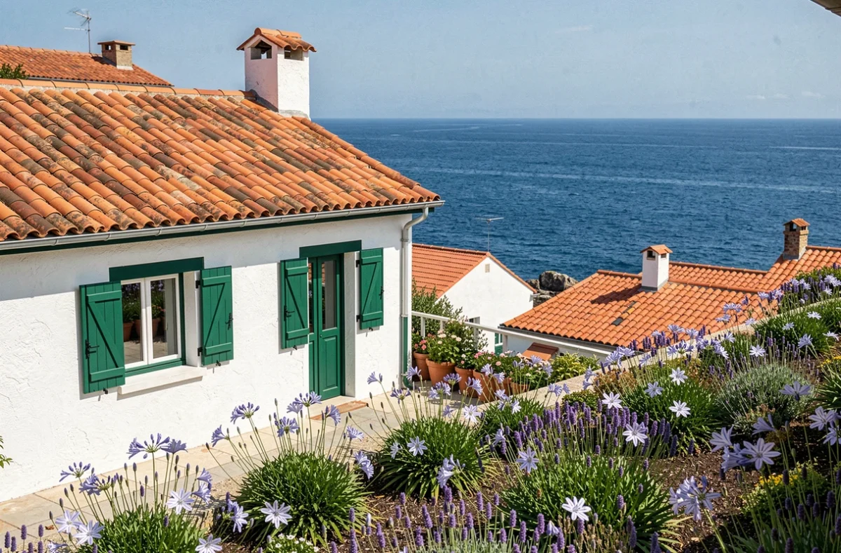 Hôtel Balea à Guéthary avec architecture basque blanche et verte, jardin fleuri et vue sur la baie de Biscaye