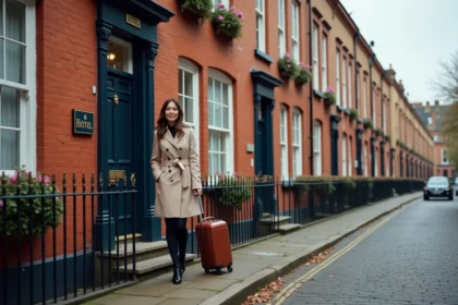 Façade d'un petit hôtel de charme londonien en briques victoriennes avec une femme arrivant à l'entrée, dans un quartier résidentiel calme de Londres