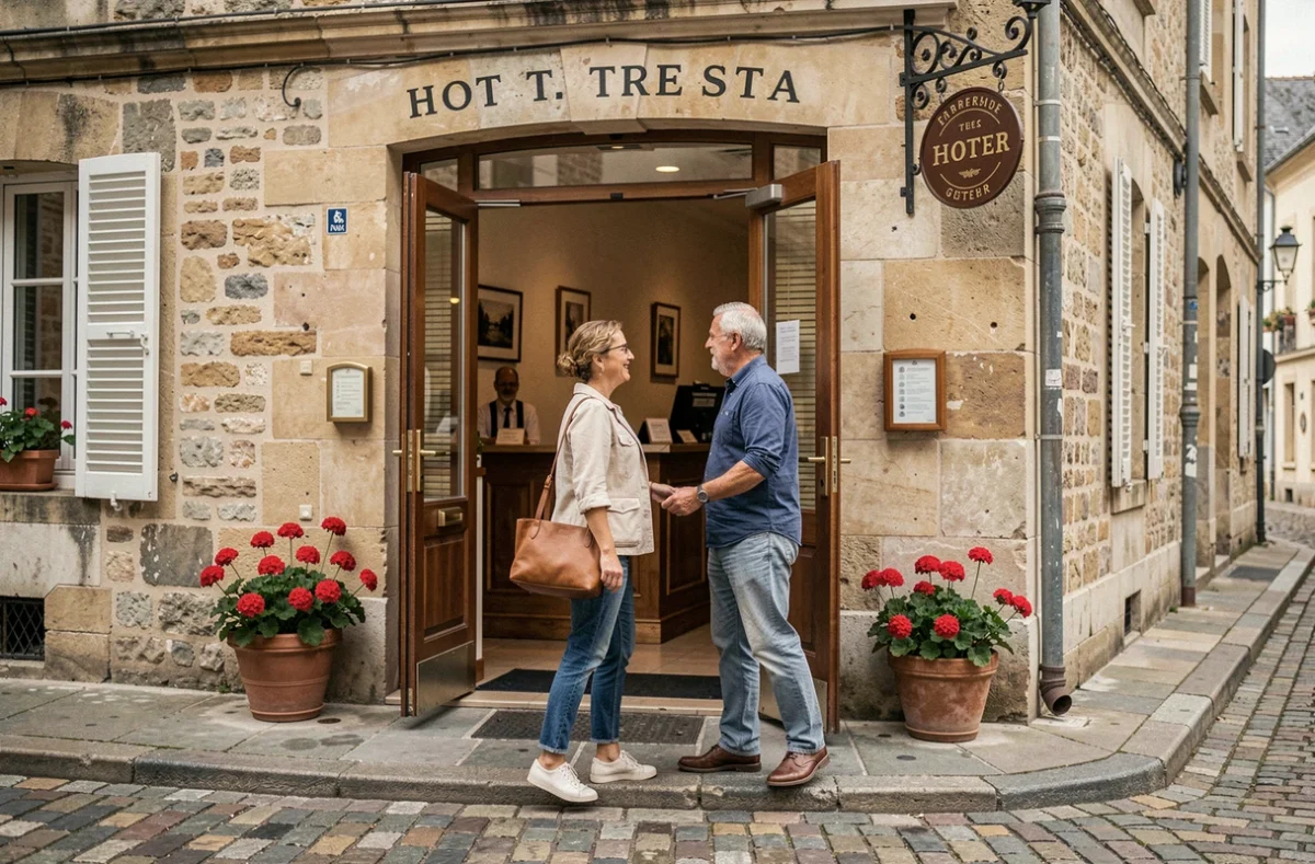 Couple entrant dans un hôtel de jour sur une rue pavée d'une ville de province en France