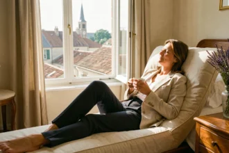 Femme se reposant dans une chambre d'hôtel de jour en province avec vue sur les toits d'une ville française