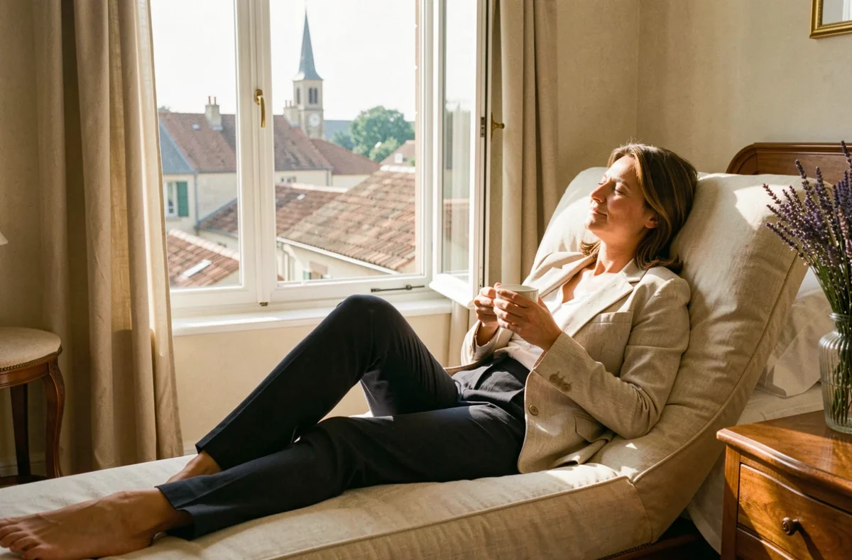 Femme se reposant dans une chambre d'hôtel de jour en province avec vue sur les toits d'une ville française