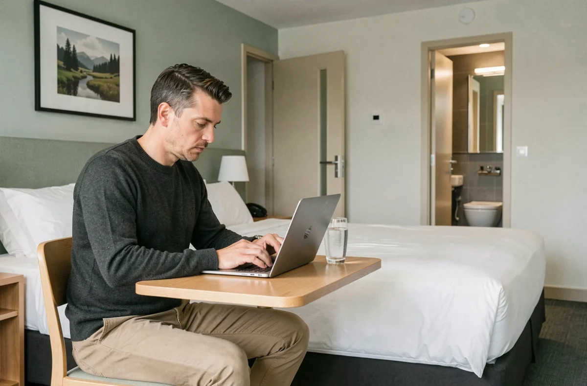 Homme travaillant depuis une chambre d'hôtel de jour en province dans une ville française de taille moyenne