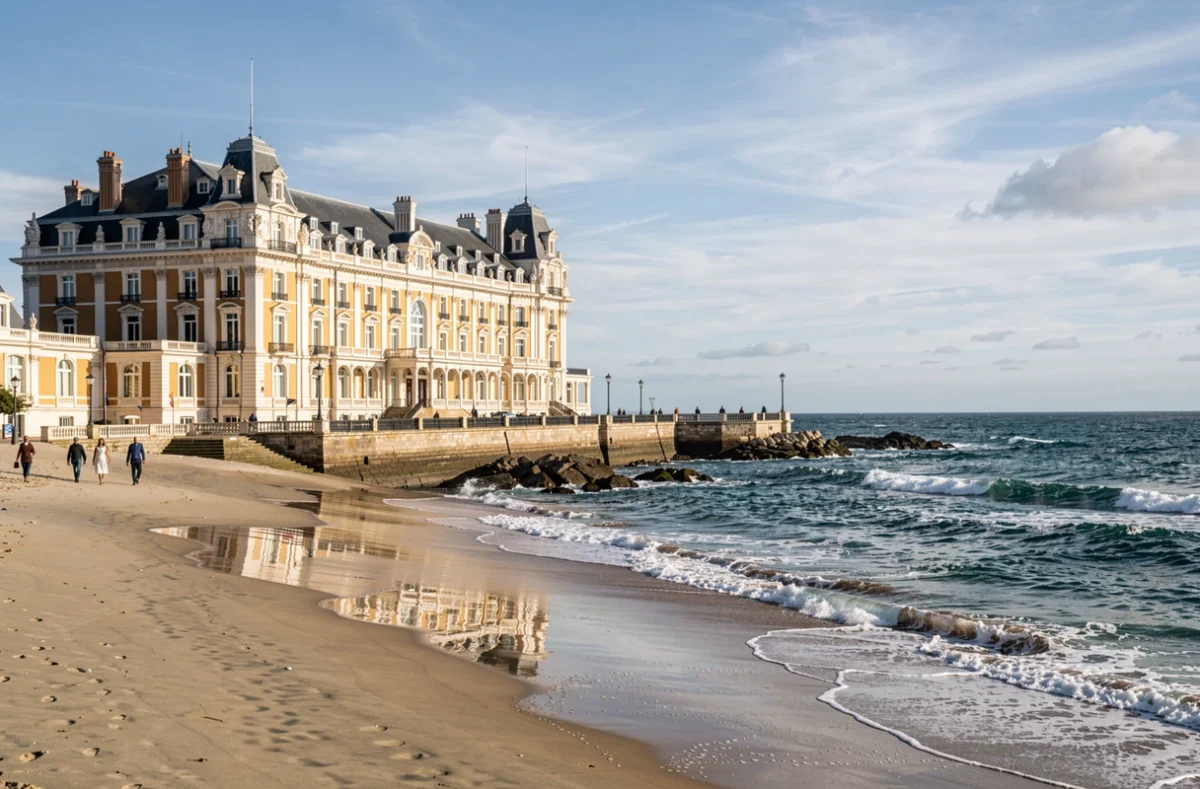 Vue depuis la plage sur la façade impériale de l'Hôtel du Palais à Biarritz, avec l'océan Atlantique en arrière-plan