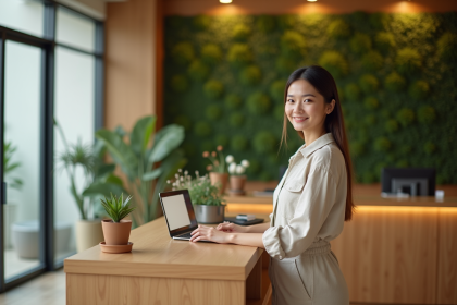 Jeune femme check-in dans un hotel eco-responsable