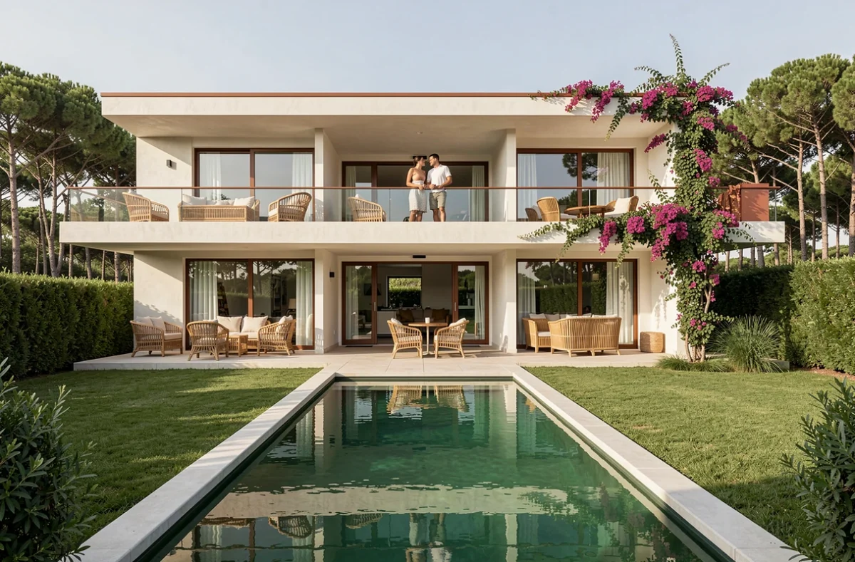 Façade contemporaine de l'Hôtel Haaïtza à Pyla-sur-Mer avec piscine privée dans un jardin de pins, terrasse en rotin et bougainvilliers