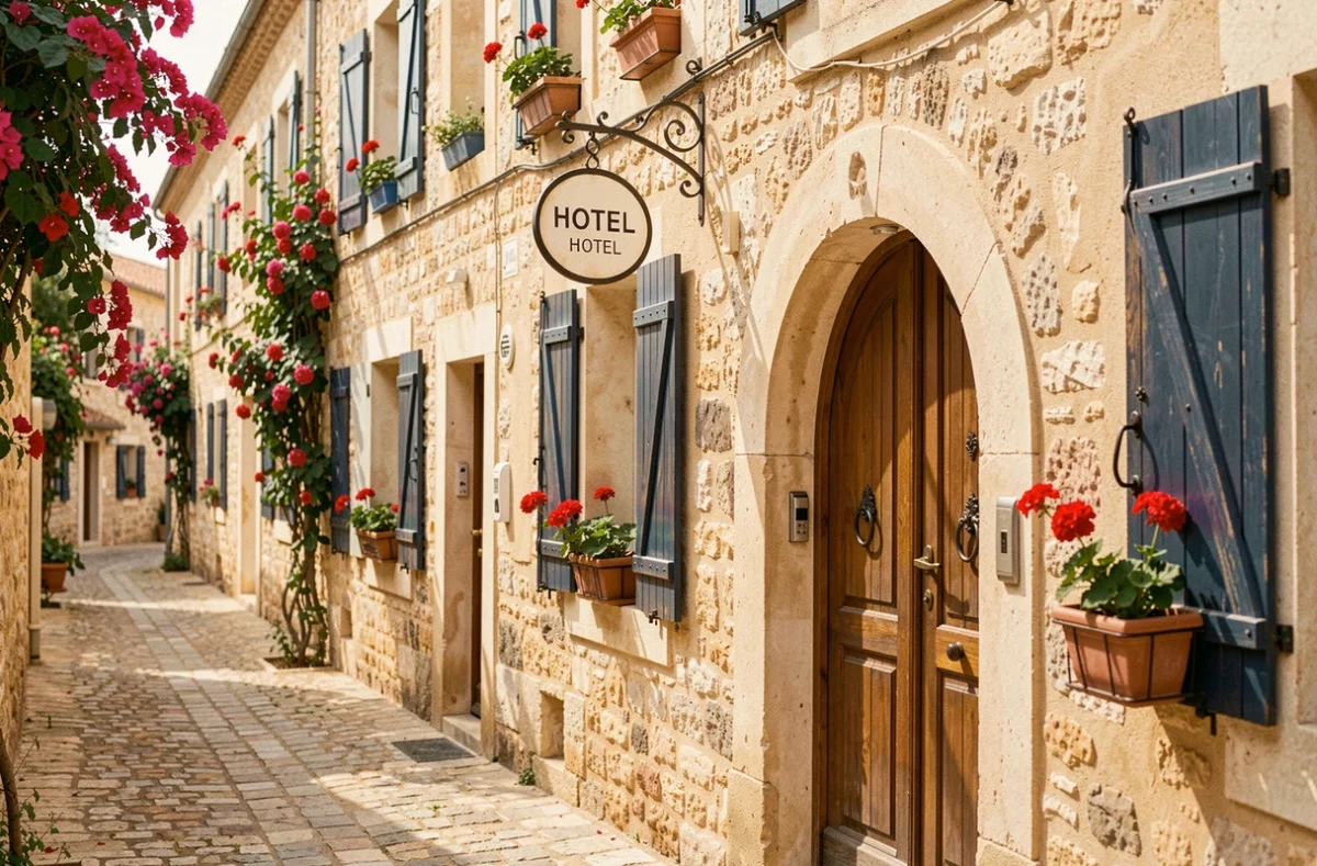 Façade historique de La Ponche à Saint-Tropez avec ses volets bleus et ses murs en pierre dorée dans une ruelle pavée